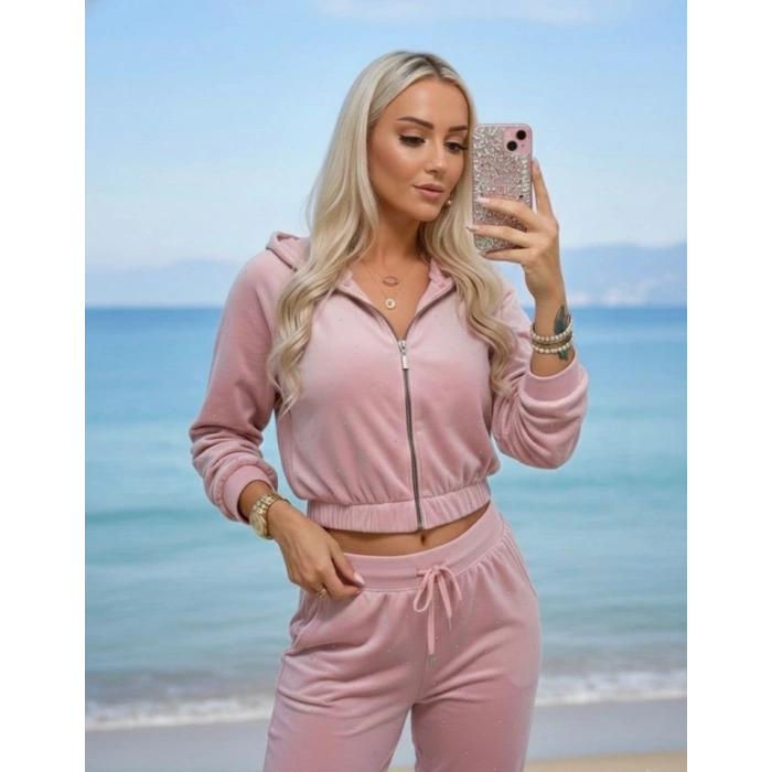 Kadın Uzun Kollu Kapüşon Ve Taş Işleme Detay Kadife Kumaş Ceket Pantolon Ikili Takım