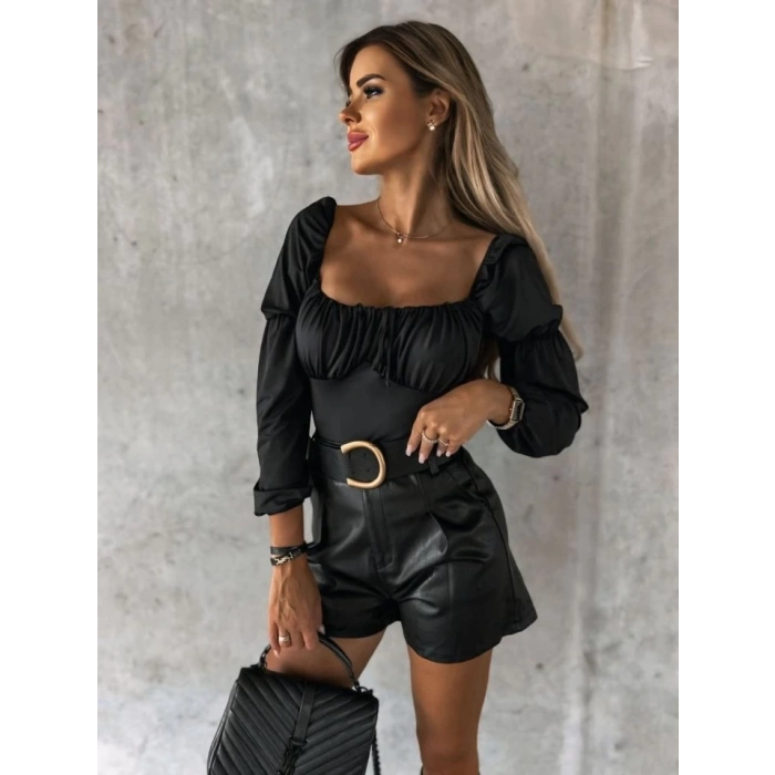 Kadın Uzun Kollu Kare Yaka Göğüs Büzgü Detay Sandy Bluz