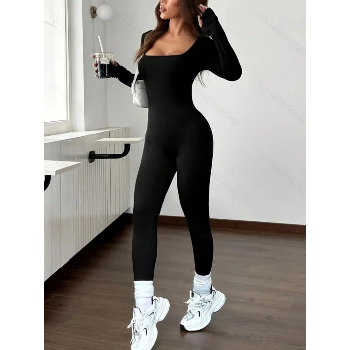 Kadın Uzun Kollu Kare Yakalı Fermuarlı Parmaktan Geçmeli Dalgıç Tulum