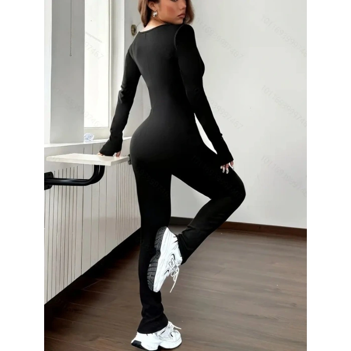 Kadın Uzun Kollu Kare Yakalı Fermuarlı Parmaktan Geçmeli Dalgıç Tulum