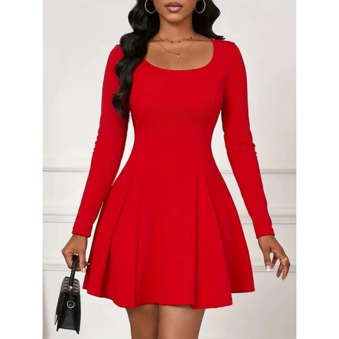 Kadın Uzun Kollu Kare Yakalı Mini Ithal Krep Elbise