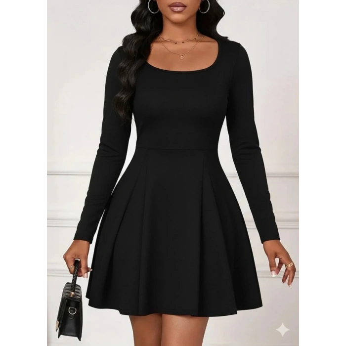 Kadın Uzun Kollu Kare Yakalı Mini Ithal Krep Elbise