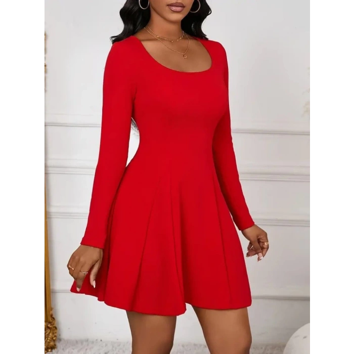 Kadın Uzun Kollu Kare Yakalı Mini Ithal Krep Elbise