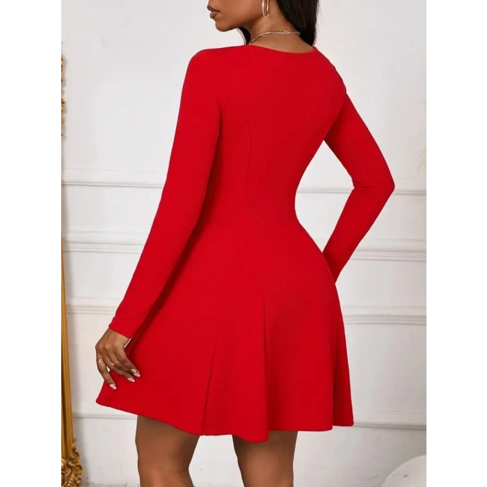 Kadın Uzun Kollu Kare Yakalı Mini Ithal Krep Elbise