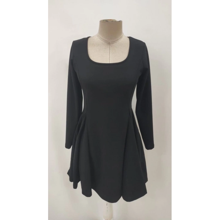 Kadın Uzun Kollu Kare Yakalı Mini Ithal Krep Elbise