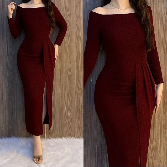 Kadın Uzun Kollu Kayık Yaka Büzgü Ve Maxi Boy Yırtmaç Detay Simli Kadife Kumaş Elbise