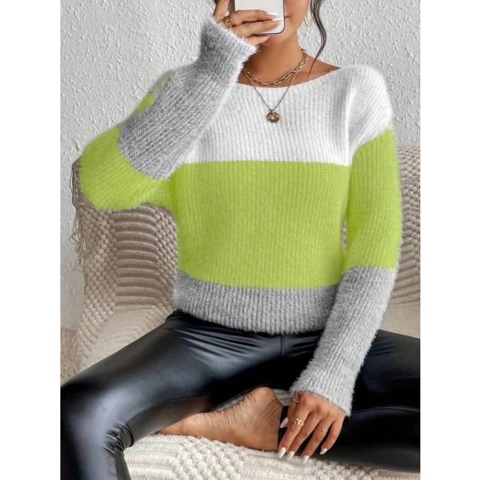 Kadın Uzun Kollu Kayık Yaka çok Renkli Triko Bluz