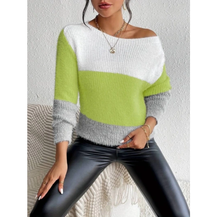 Kadın Uzun Kollu Kayık Yaka çok Renkli Triko Bluz