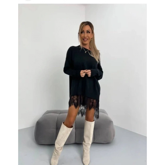 Kadın Uzun Kollu Kayık Yaka Peteği Dantel Güpür Detay 3 Iplik Kumaş Mini Elbise