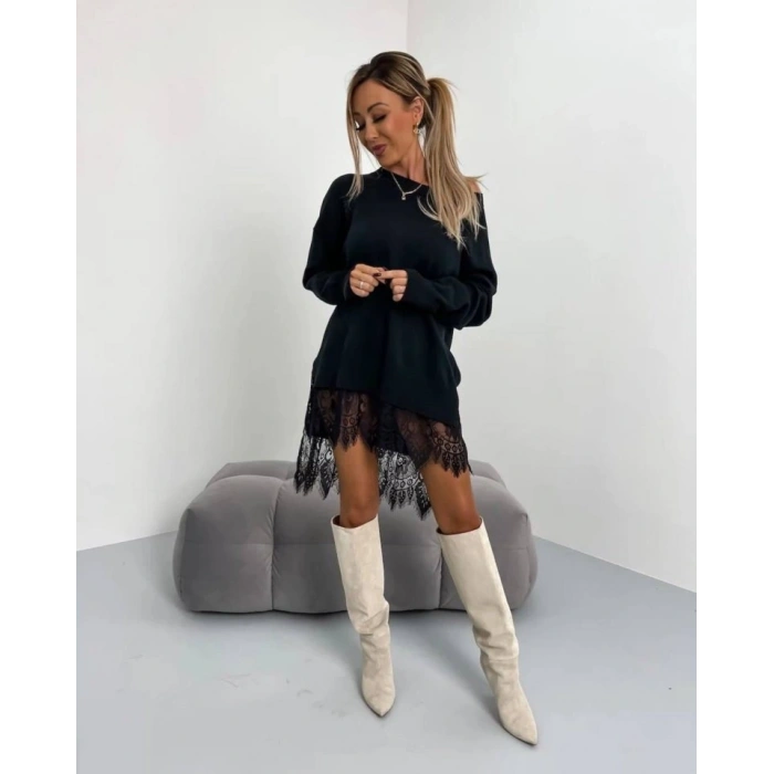 Kadın Uzun Kollu Kayık Yaka Peteği Dantel Güpür Detay 3 Iplik Kumaş Mini Elbise