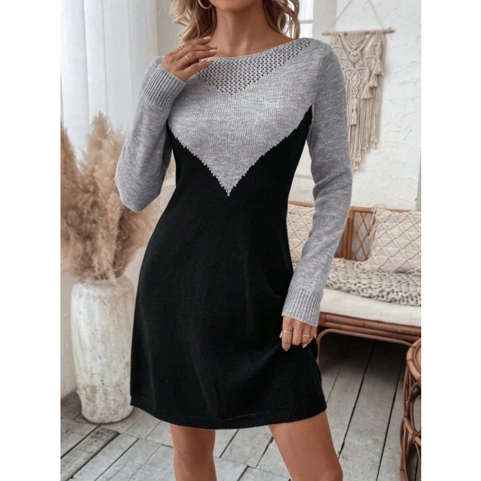 Kadın Uzun Kollu Kayık Yakalı çift Renk Mini Triko Elbise