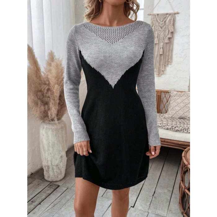 Kadın Uzun Kollu Kayık Yakalı çift Renk Mini Triko Elbise