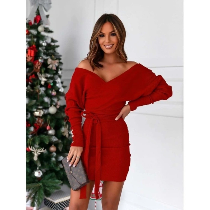 Kadın Uzun Kollu Kruvaze Yaka Bağcık Detay Akrilik Mini Boy Elbise