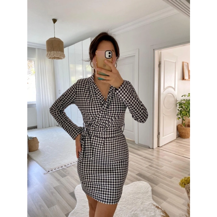 Kadın Uzun Kollu Kruvaze Yaka Bağlamalı Kemer Dalgıç Mini Boy Elbise