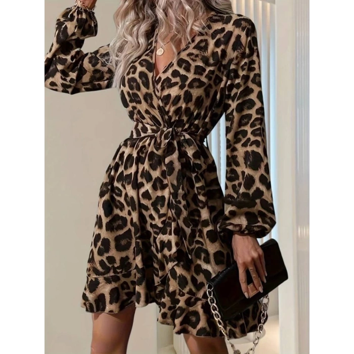 Kadın Uzun Kollu Kruvaze Yaka Belden Kuşaklı çapraz Kesim Detaylı Leopar Modal Mini Elbise