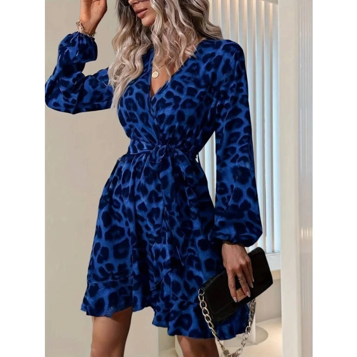 Kadın Uzun Kollu Kruvaze Yaka Belden Kuşaklı çapraz Kesim Detaylı Leopar Modal Mini Elbise