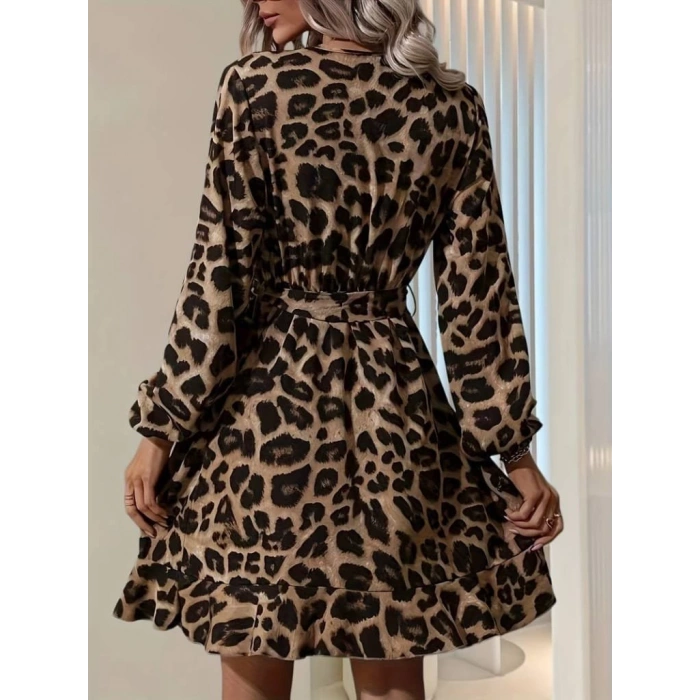 Kadın Uzun Kollu Kruvaze Yaka Belden Kuşaklı çapraz Kesim Detaylı Leopar Modal Mini Elbise