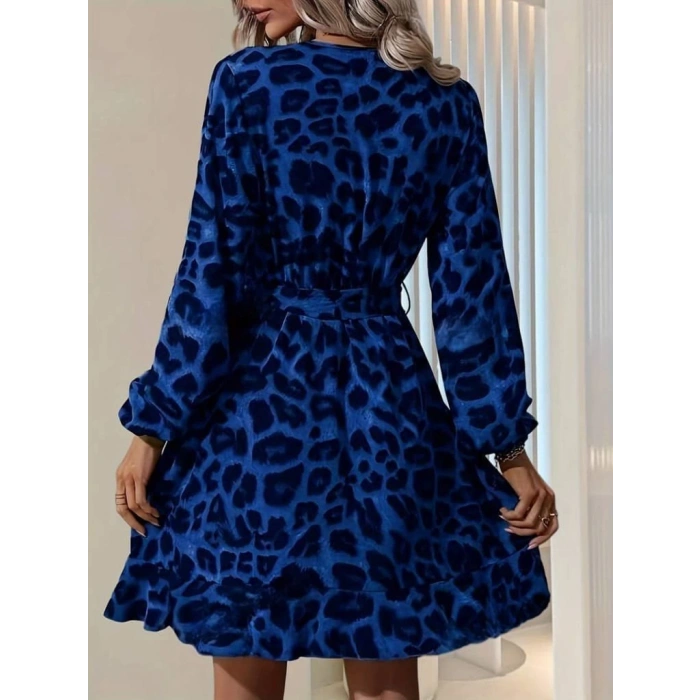 Kadın Uzun Kollu Kruvaze Yaka Belden Kuşaklı çapraz Kesim Detaylı Leopar Modal Mini Elbise
