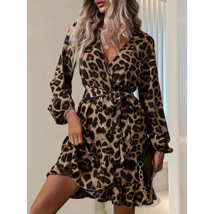 Kadın Uzun Kollu Kruvaze Yaka Belden Kuşaklı çapraz Kesim Detaylı Leopar Modal Mini Elbise