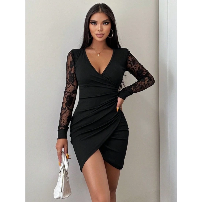 Kadın Uzun Kollu Kruvaze Yaka Beli Düğme Detay Krep Elbise