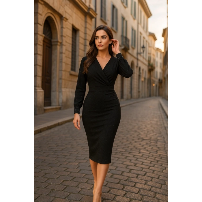 Kadın Uzun Kollu Kruvaze Yaka Büzgü Ve Balon Kol Detay Krep Kumaş Maxi Boy Elbise