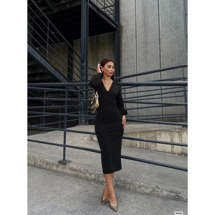 Kadın Uzun Kollu Kruvaze Yaka Büzgü Ve Balon Kol Detay Krep Kumaş Maxi Boy Simli Elbise