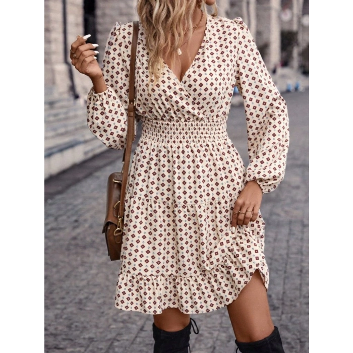 Kadın Uzun Kollu Kruvaze Yaka Desenli Mini Modal Elbise