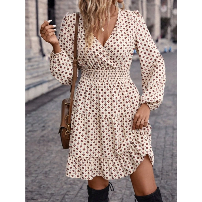 Kadın Uzun Kollu Kruvaze Yaka Desenli Mini Modal Elbise