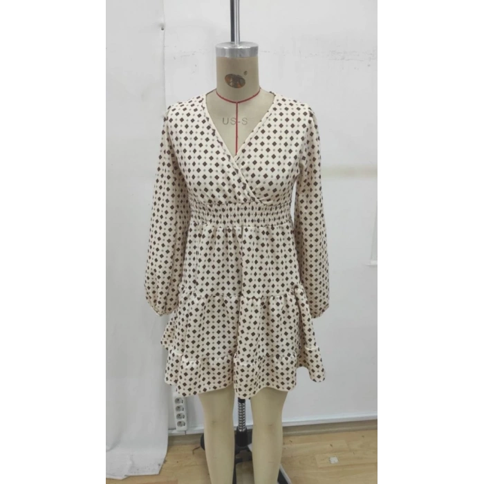 Kadın Uzun Kollu Kruvaze Yaka Desenli Mini Modal Elbise