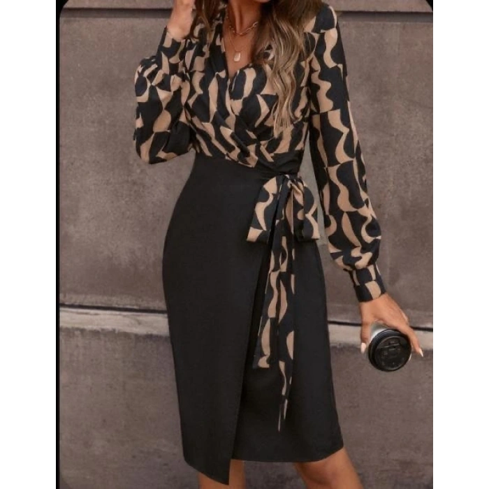 Kadın Uzun Kollu Kruvaze Yaka Dijital Baskılı Fiyonk Detay Atlas Kumaş Elbise