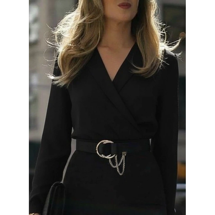 Kadın Uzun Kollu Kruvaze Yaka Janjan Krep Midi Elbise