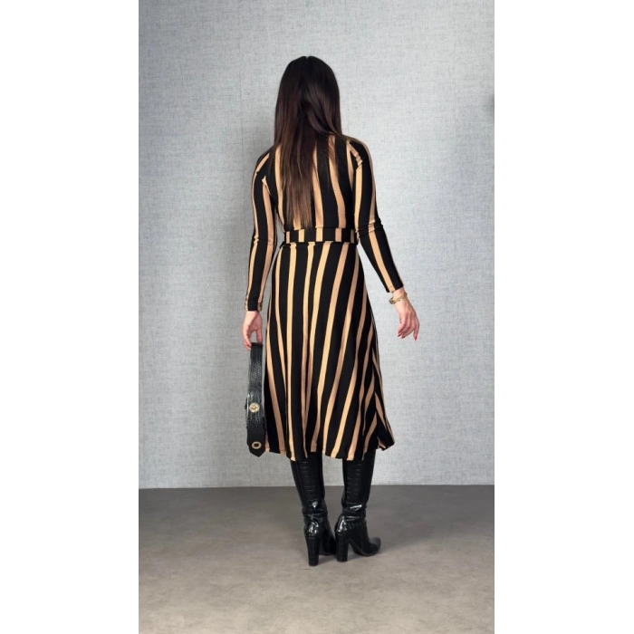 Kadın Uzun Kollu Kruvaze Yaka Kemer Dahil çizgili Triko Elbise