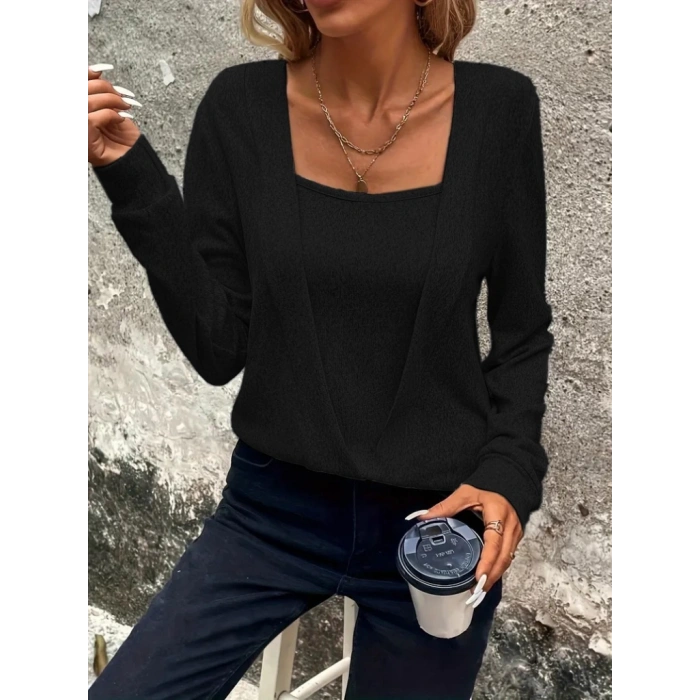 Kadın Uzun Kollu Kruvaze Yaka Kol Ve Etek Ucu Manşet Detay Yumoş Bluz