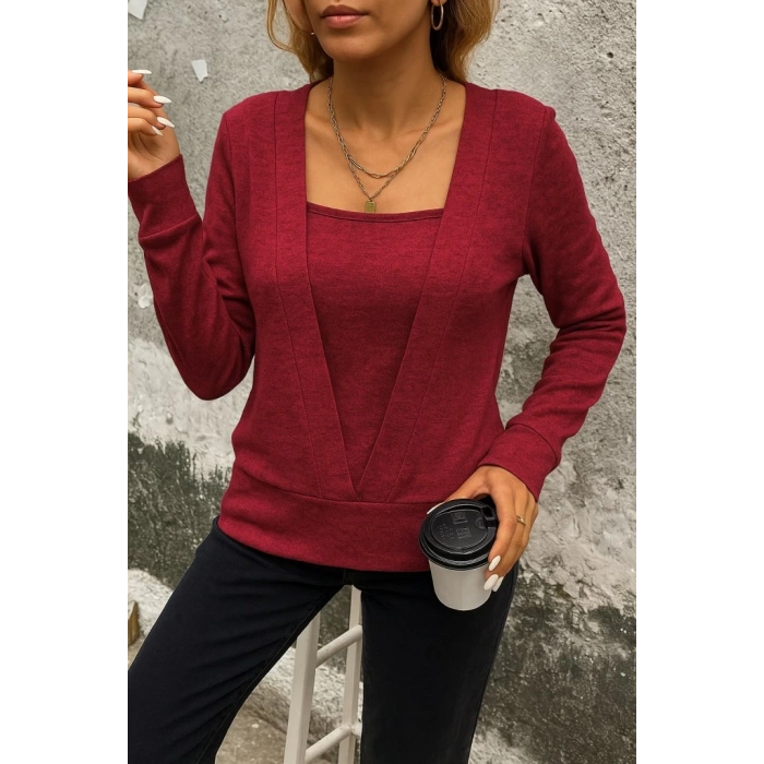 Kadın Uzun Kollu Kruvaze Yaka Kol Ve Etek Ucu Manşet Detay Yumoş Bluz