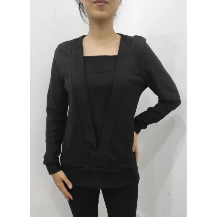 Kadın Uzun Kollu Kruvaze Yaka Kol Ve Etek Ucu Manşet Detay Yumoş Bluz