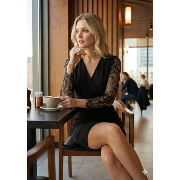 Kadın Uzun Kollu Kruvaze Yaka Kollar Tül Detay Krep Mini Boy Elbise