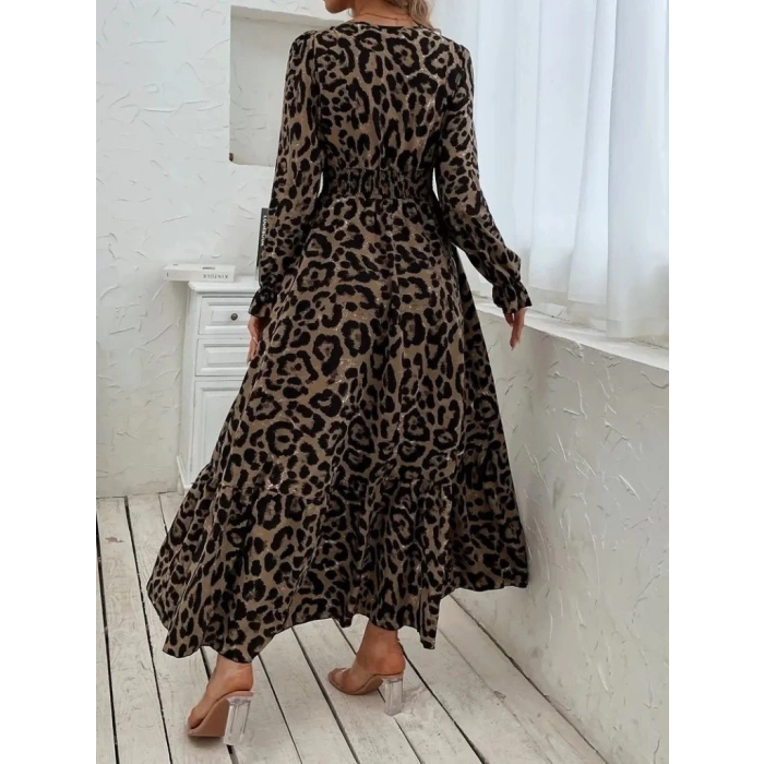 Kadın Uzun Kollu Kruvaze Yaka Leopar Desenli Uzun Süprem Elbise