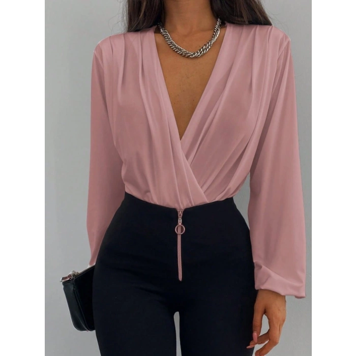 Kadın Uzun Kollu Kruvaze Yaka Sandy Bluz