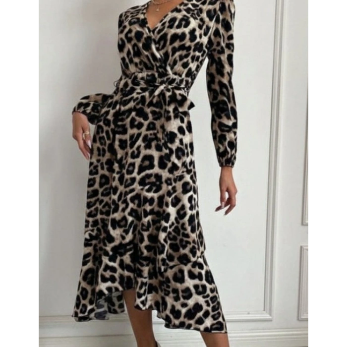 Kadın Uzun Kollu Kruvaze Yaka Yandan Bağlamalı önden Fırfır Detaylı Süprem Uzun Elbise