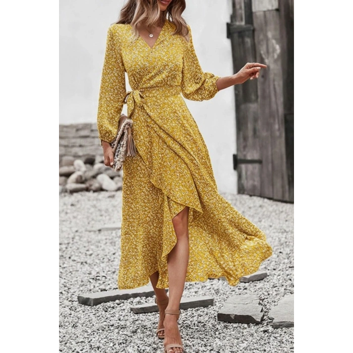 Kadın Uzun Kollu Kruvaze Yaka Yandan Bağlamalı önden Fırfır Detaylı Süprem Uzun Elbise