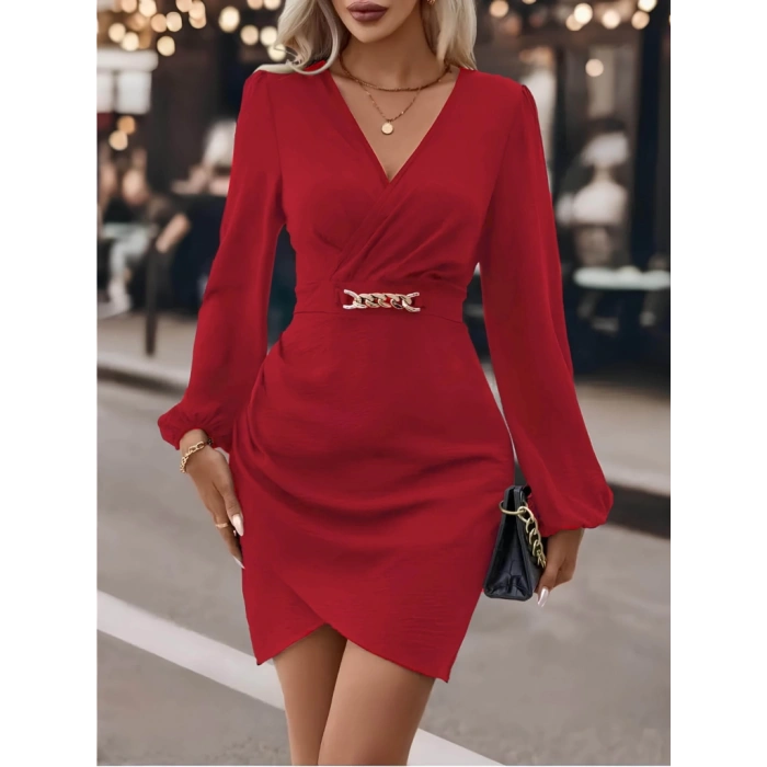 Kadın Uzun Kollu Kruvaze Yaka Yandan Büzgülü Asimetrik Detaylı Ithal Krep Mini Elbise