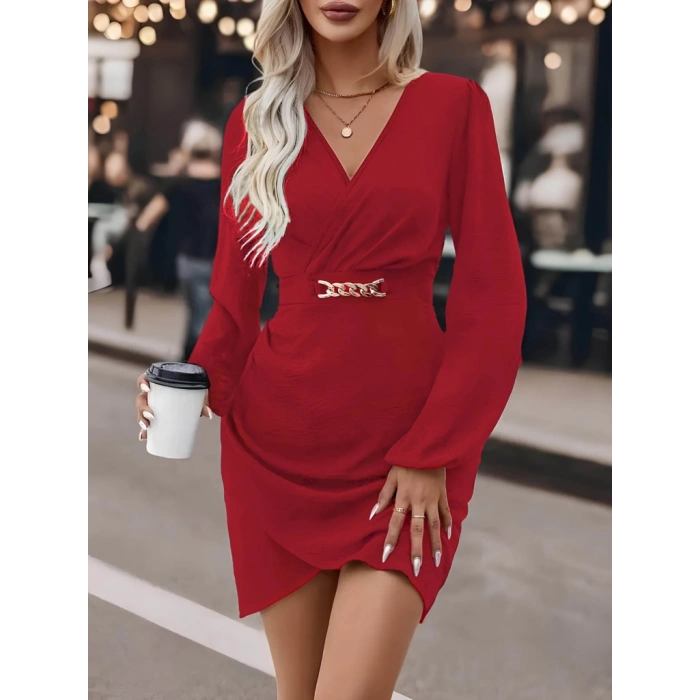 Kadın Uzun Kollu Kruvaze Yaka Yandan Büzgülü Asimetrik Detaylı Ithal Krep Mini Elbise