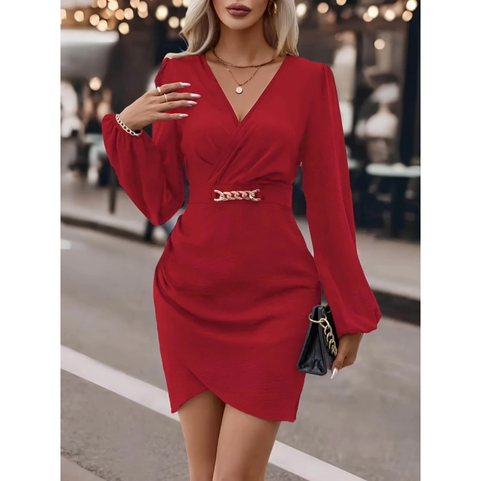 Kadın Uzun Kollu Kruvaze Yaka Yandan Büzgülü Asimetrik Detaylı Ithal Krep Mini Elbise