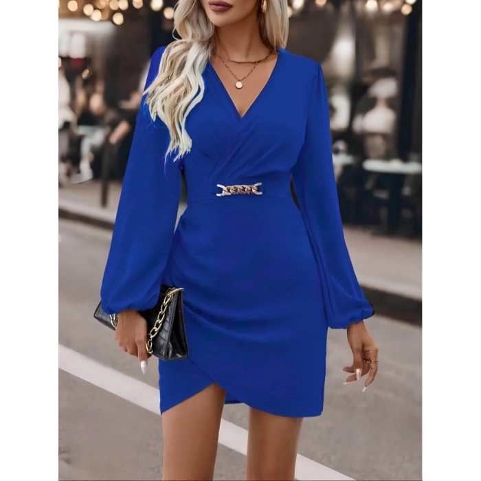 Kadın Uzun Kollu Kruvaze Yaka Yandan Büzgülü Asimetrik Detaylı Ithal Krep Mini Elbise