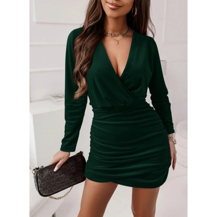 Kadın Uzun Kollu Kruvaze Yaka Yandan Büzgülü Mini Ithal Krep Elbise