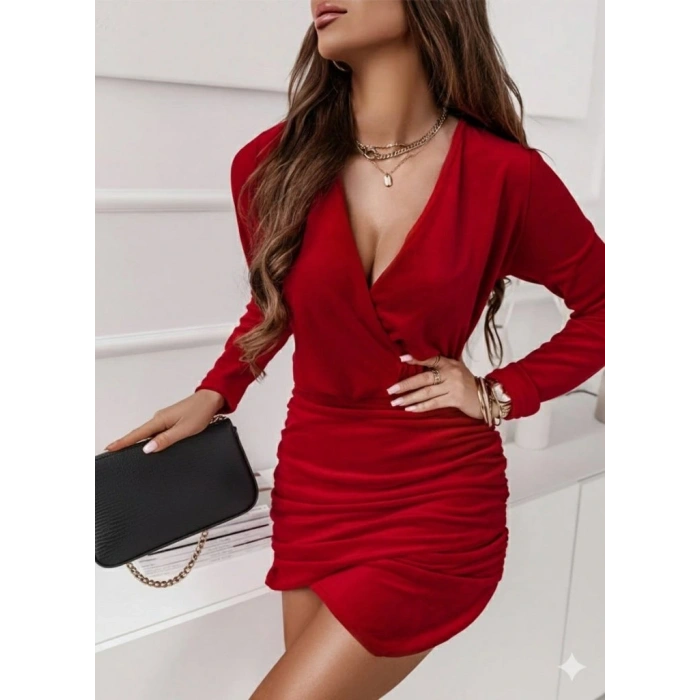 Kadın Uzun Kollu Kruvaze Yaka Yandan Büzgülü Mini Ithal Krep Elbise