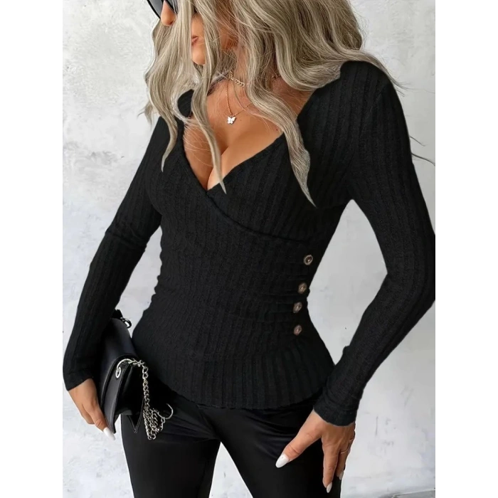 Kadın Uzun Kollu Kruvaze Yaka Yandan Düğme Detaylı şardonlu Kaşkorse Bluz