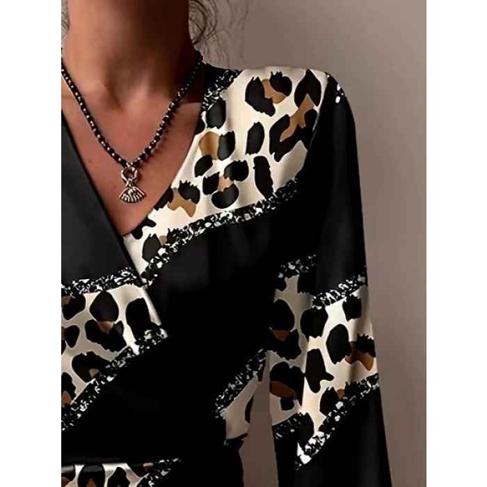 Kadın Uzun Kollu Kruvaze Yakalı Asimetrik Detaylı Mini Modal Elbise