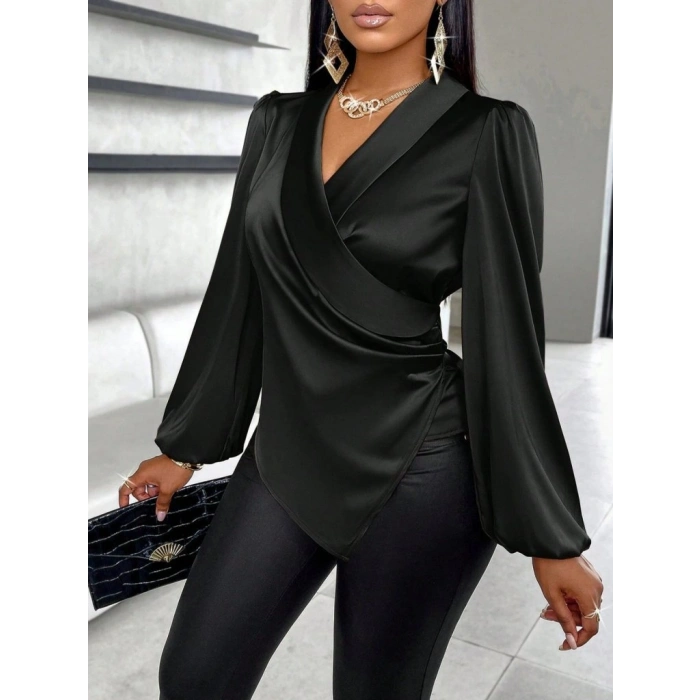 Kadın Uzun Kollu Kruvaze Yakalı Asimetrik Saten Bluz