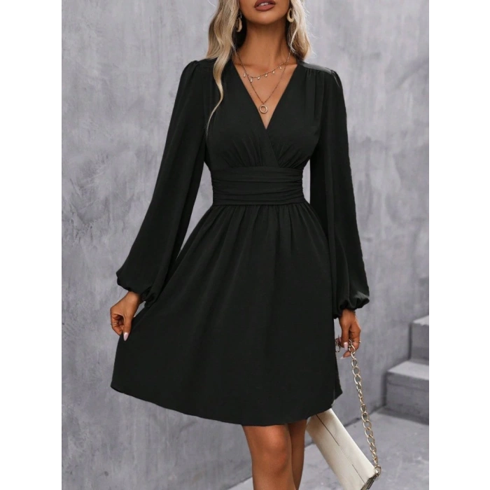 Kadın Uzun Kollu Kruvaze Yakalı Bel Korsajlı Mini Elbise